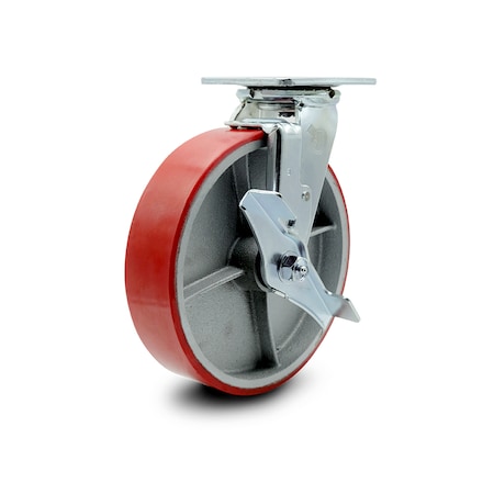 Service Caster 8 Inch Red Poly on Cast Iron Swivel Caster with Roller Bearing and Brake SCC SCC-30CS820-PUR-RS-TLB